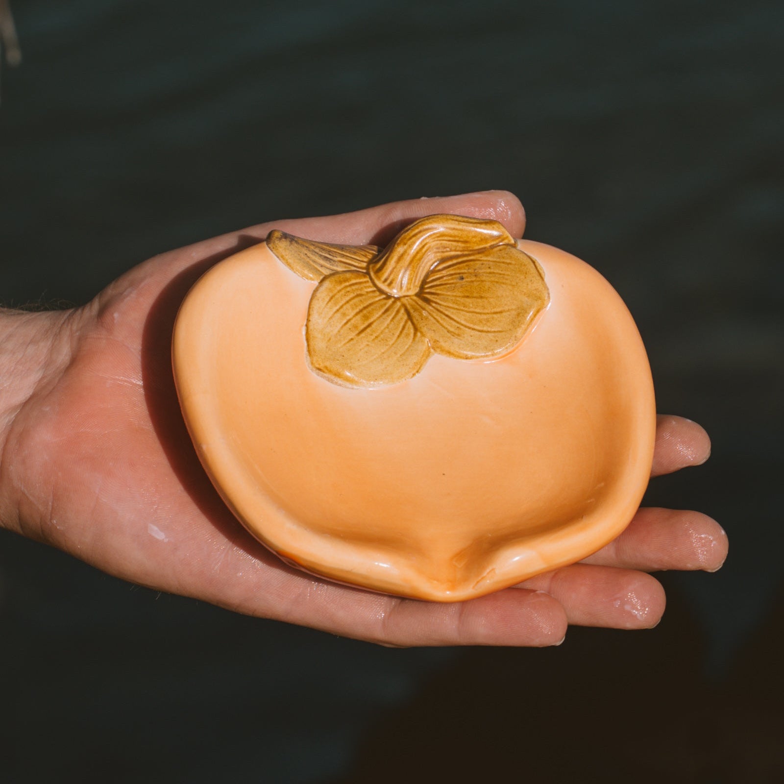 Hand holding a persimmon soap dish on a dark background