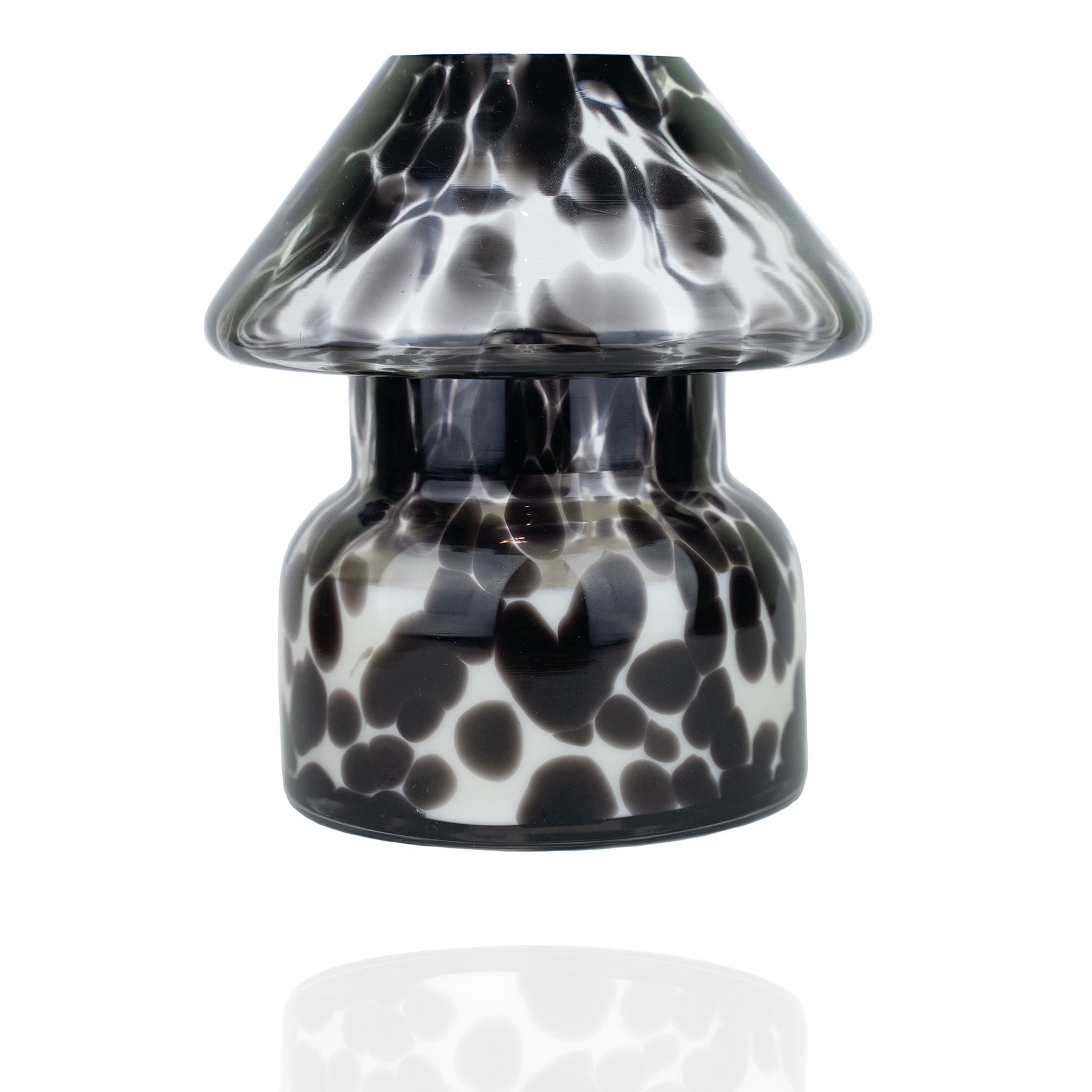 Dalmation spotted black glass mushroom candle lamp. Filled with 100% soy wax.