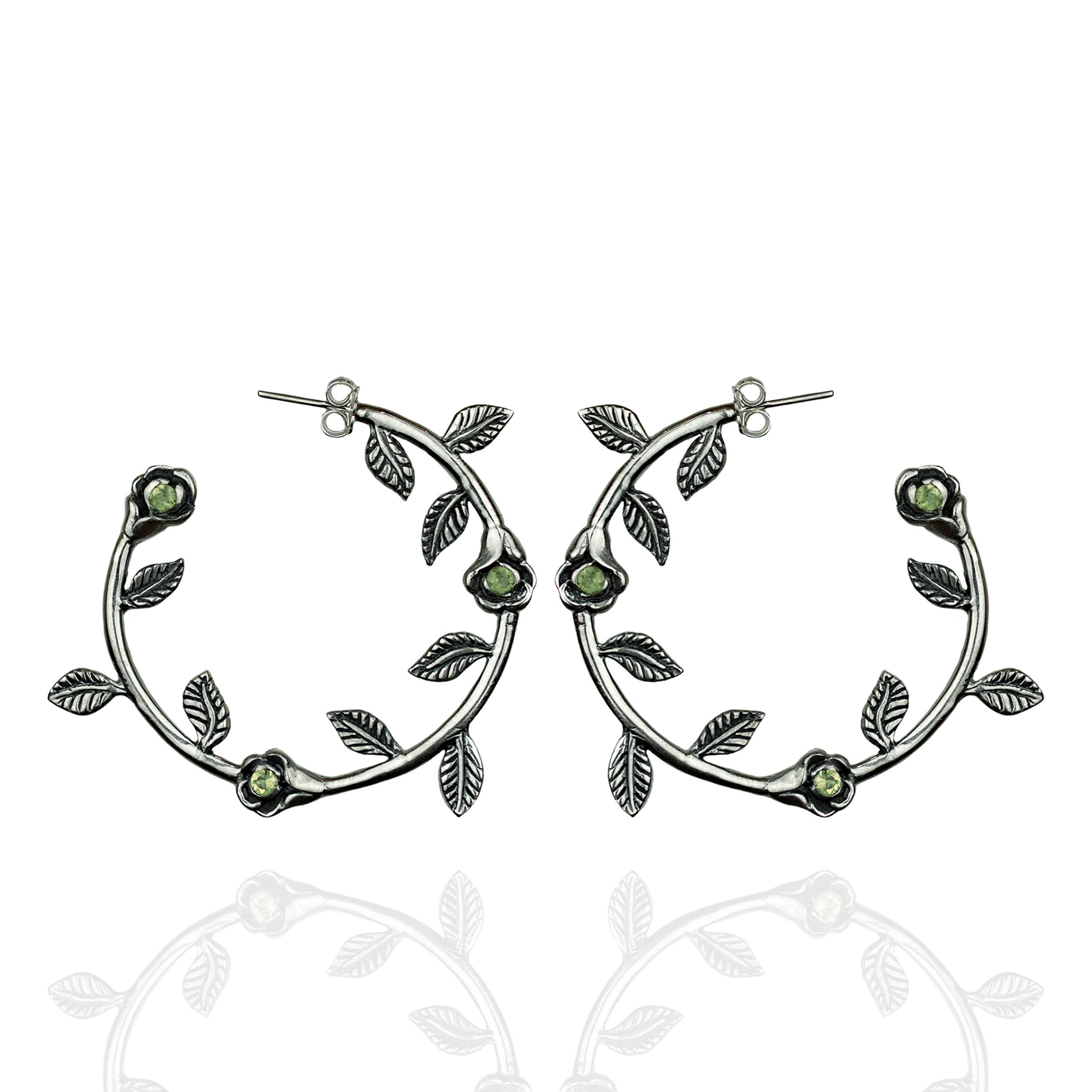 Silver rose hoop earrings with peridot stones
