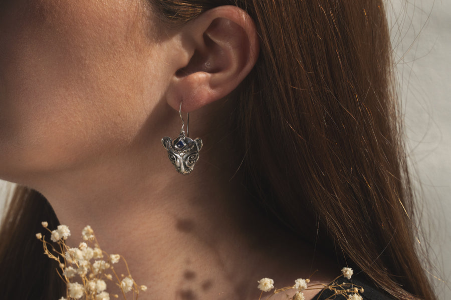 LIONESS WITH LAPIS LAZULI SILVER EARRINGS