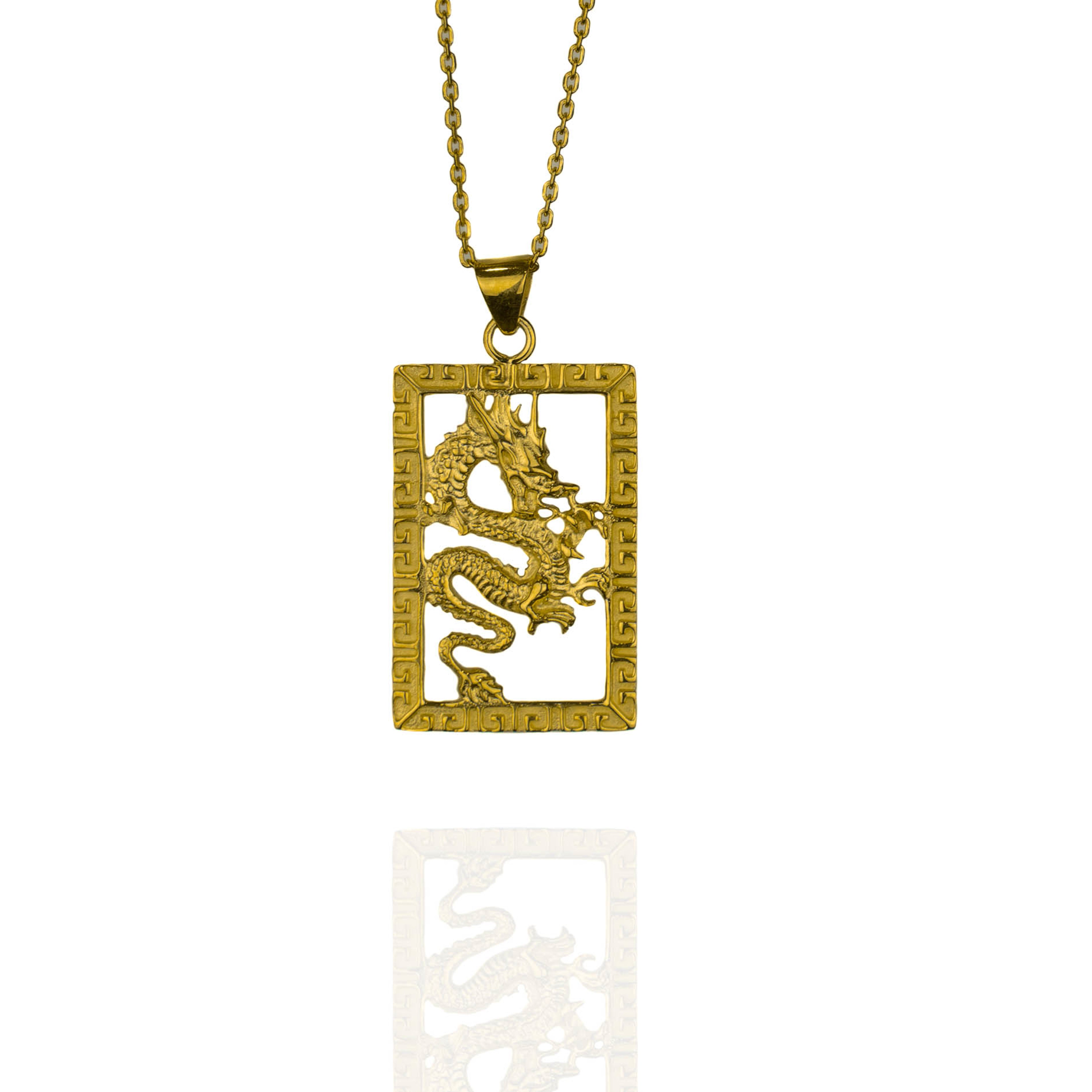 Gold dragon inside frame necklace