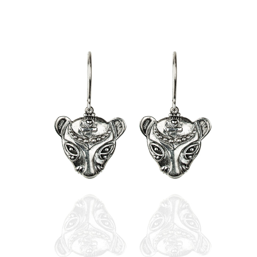 Silver lioness head earrings