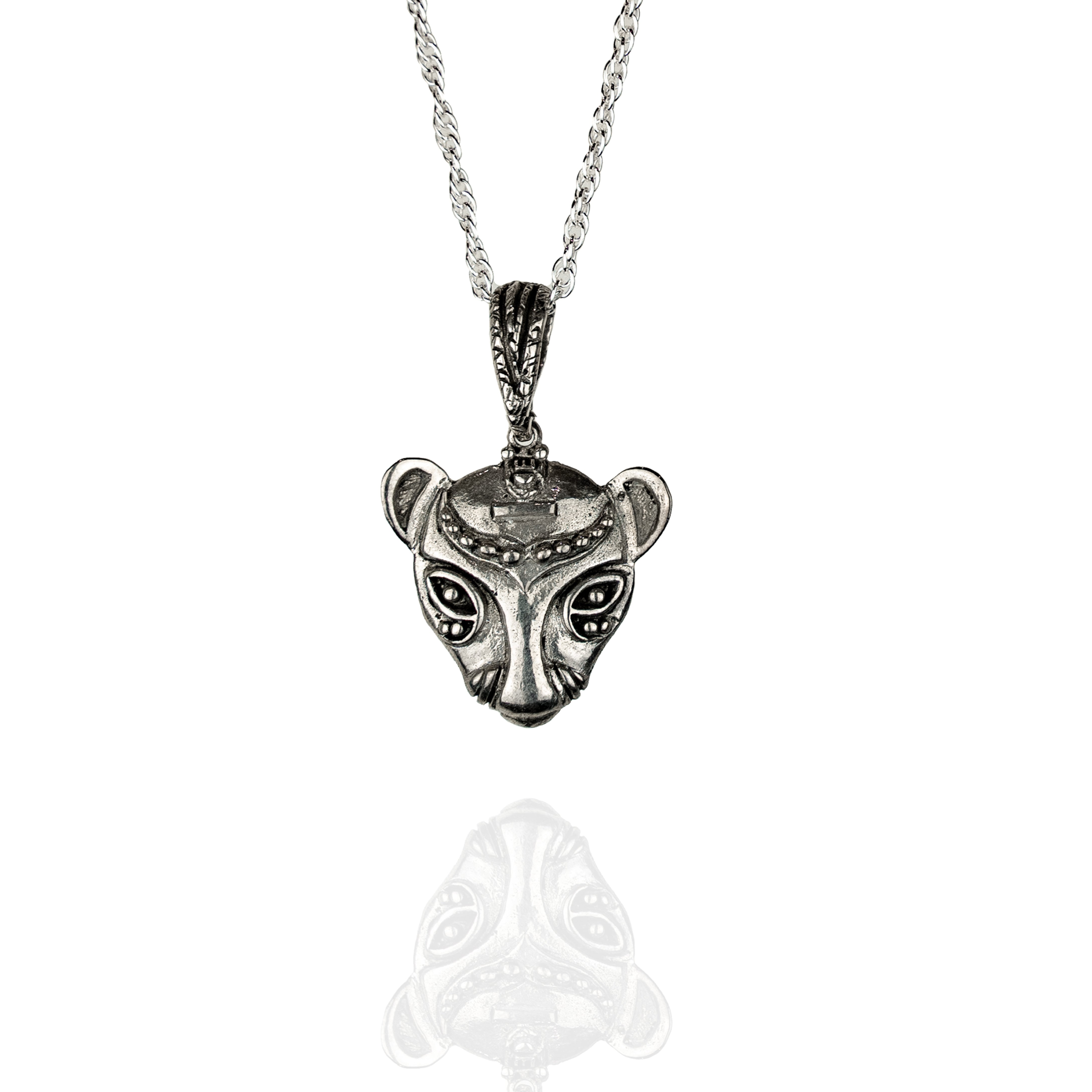 Silver lioness head necklace