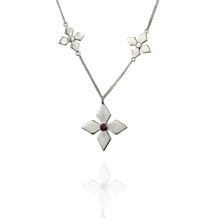 Silver triple blossom necklace with garnet