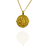 Gold circular necklace with wine bottle scene